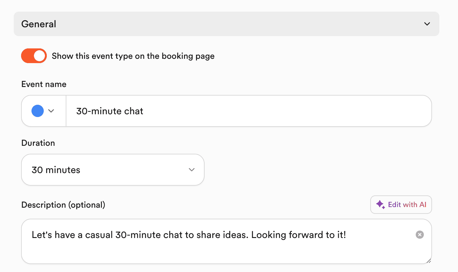 Polished event settings with structured hierarchy and refined inputs.