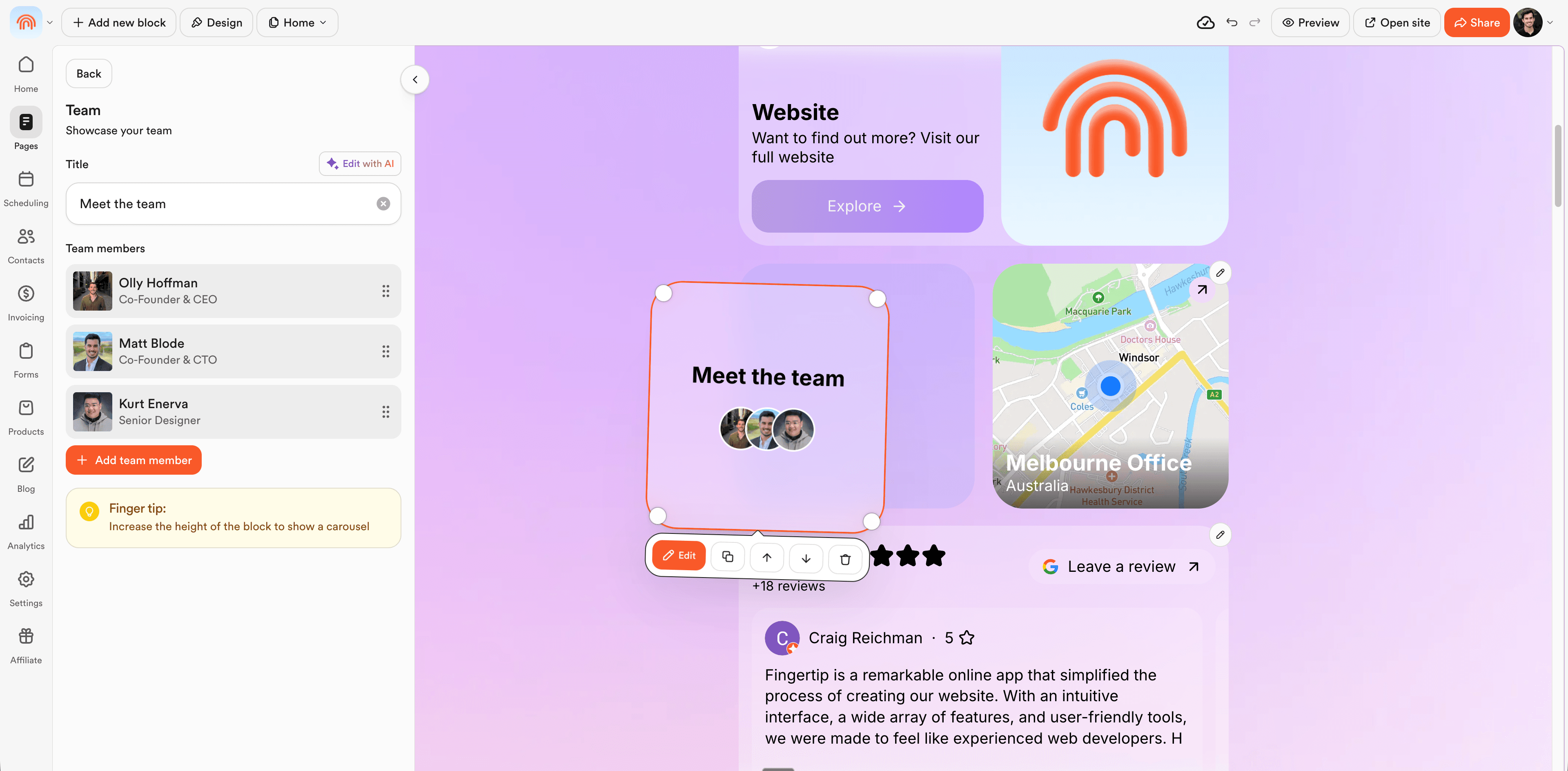 Fingertip editor interface showing the Team block configuration.