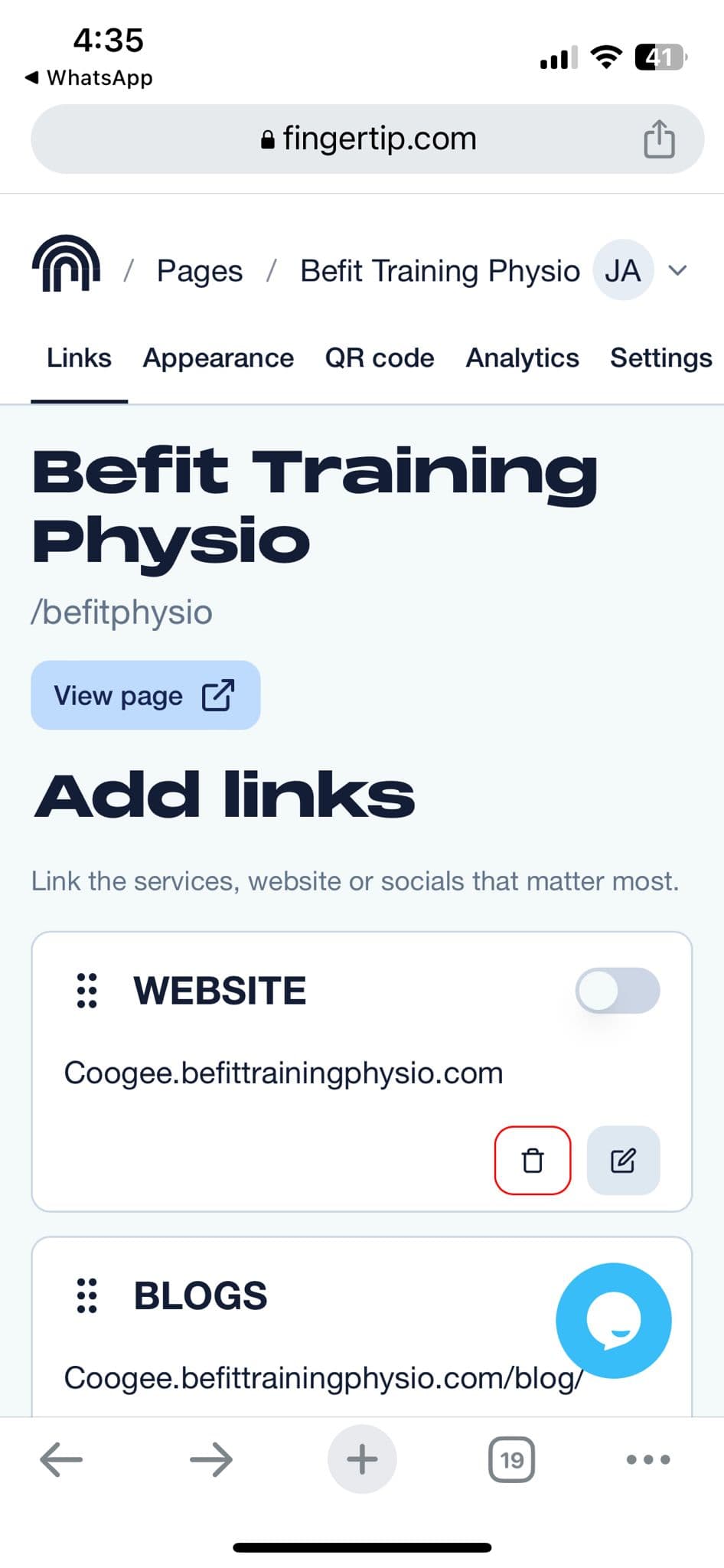 Mobile view of the Befit Training Physio page editor.